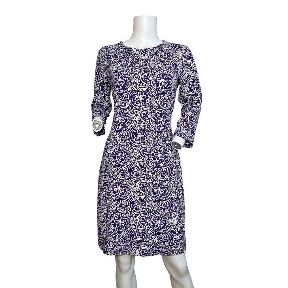 J Mclaughlin Womens Purple Paisley Catalina Cloth Sheath Dress 3/4 Sleeve Size S